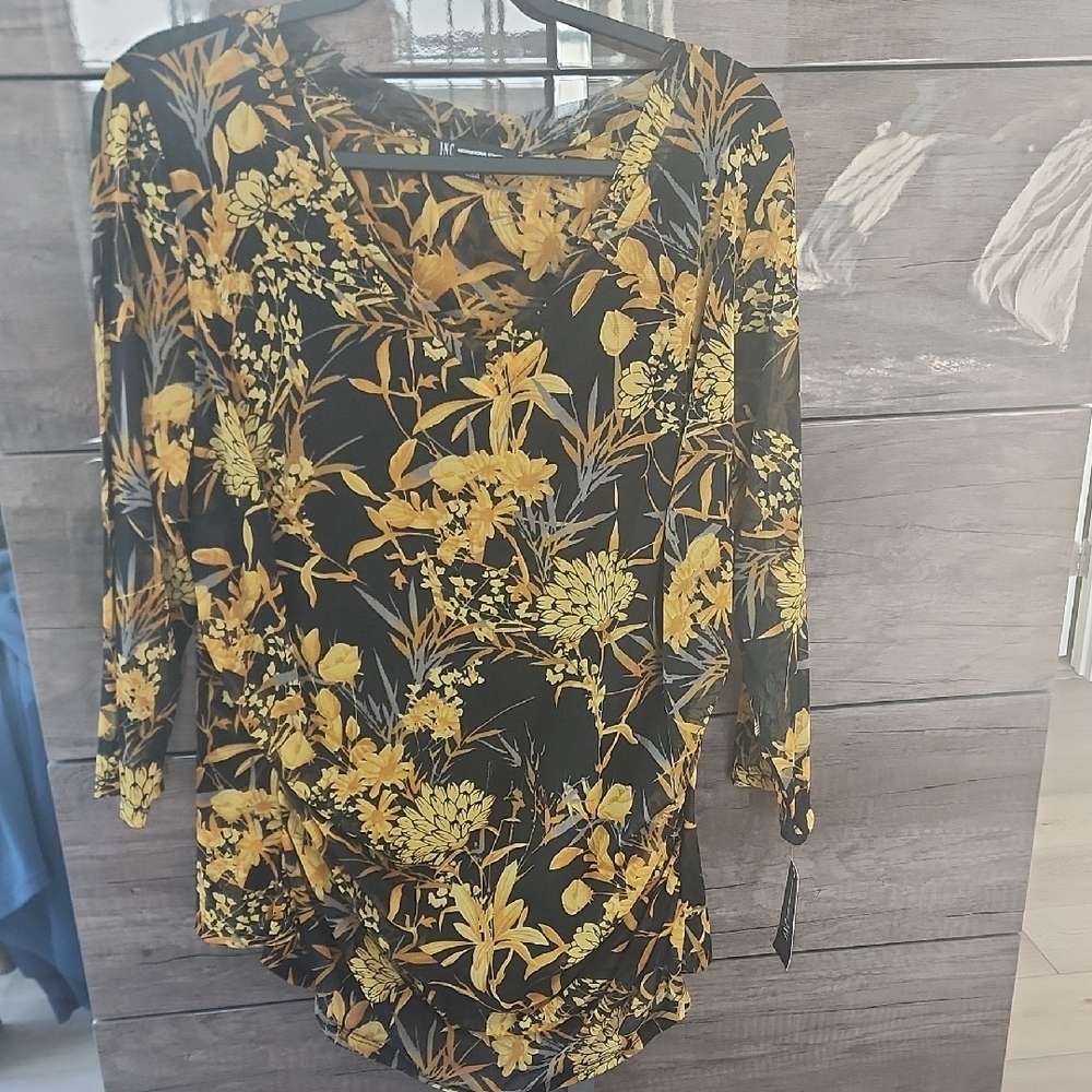 INC International Concepts Black and Gold Leaf Top